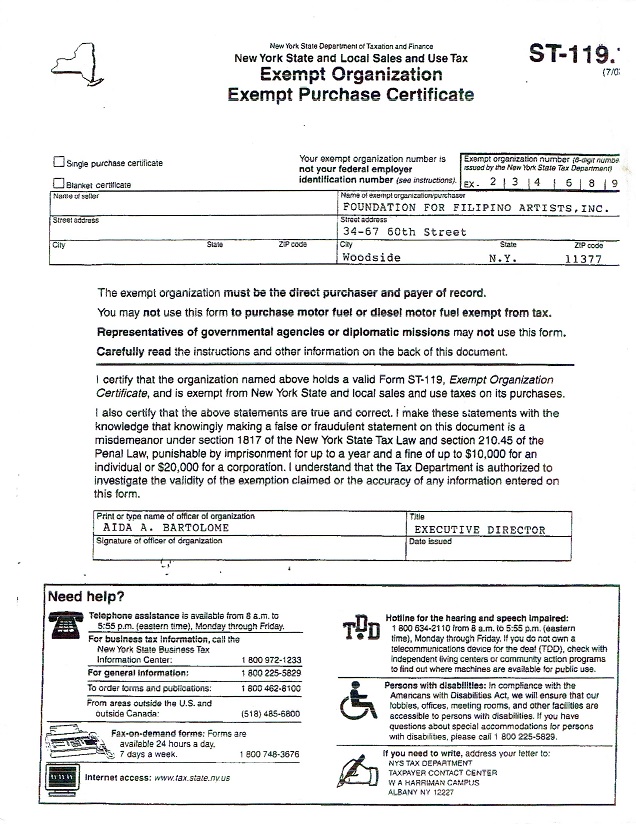 foundation for filipino artists inc st119 1 tax exempt form